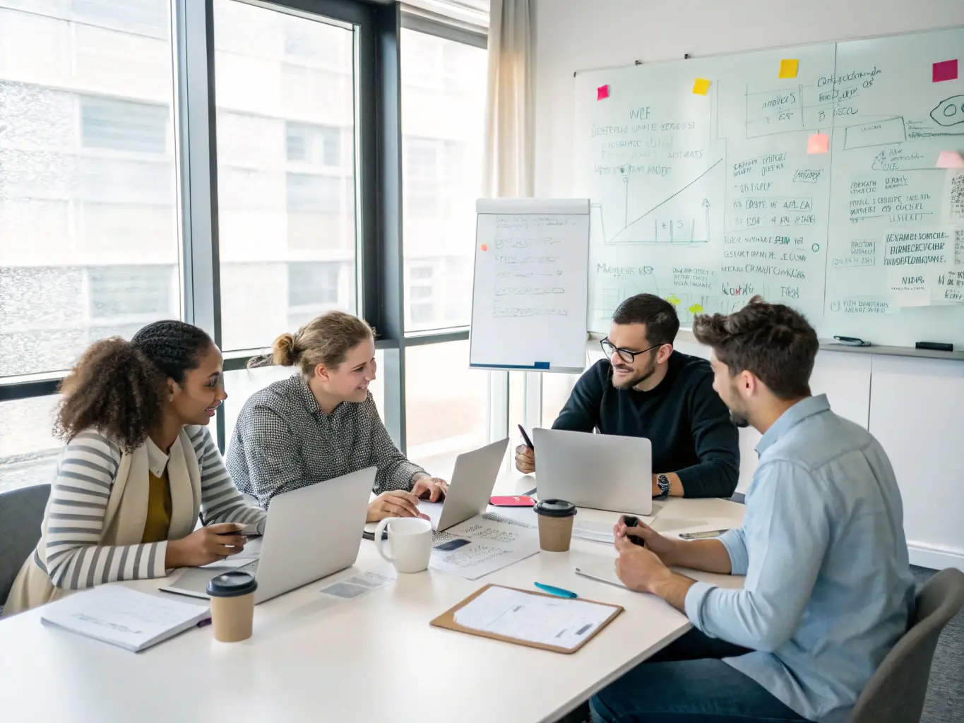 A group of UK business leaders engaged in a strategic planning session with a coach, brainstorming innovative approaches to market challenges.
