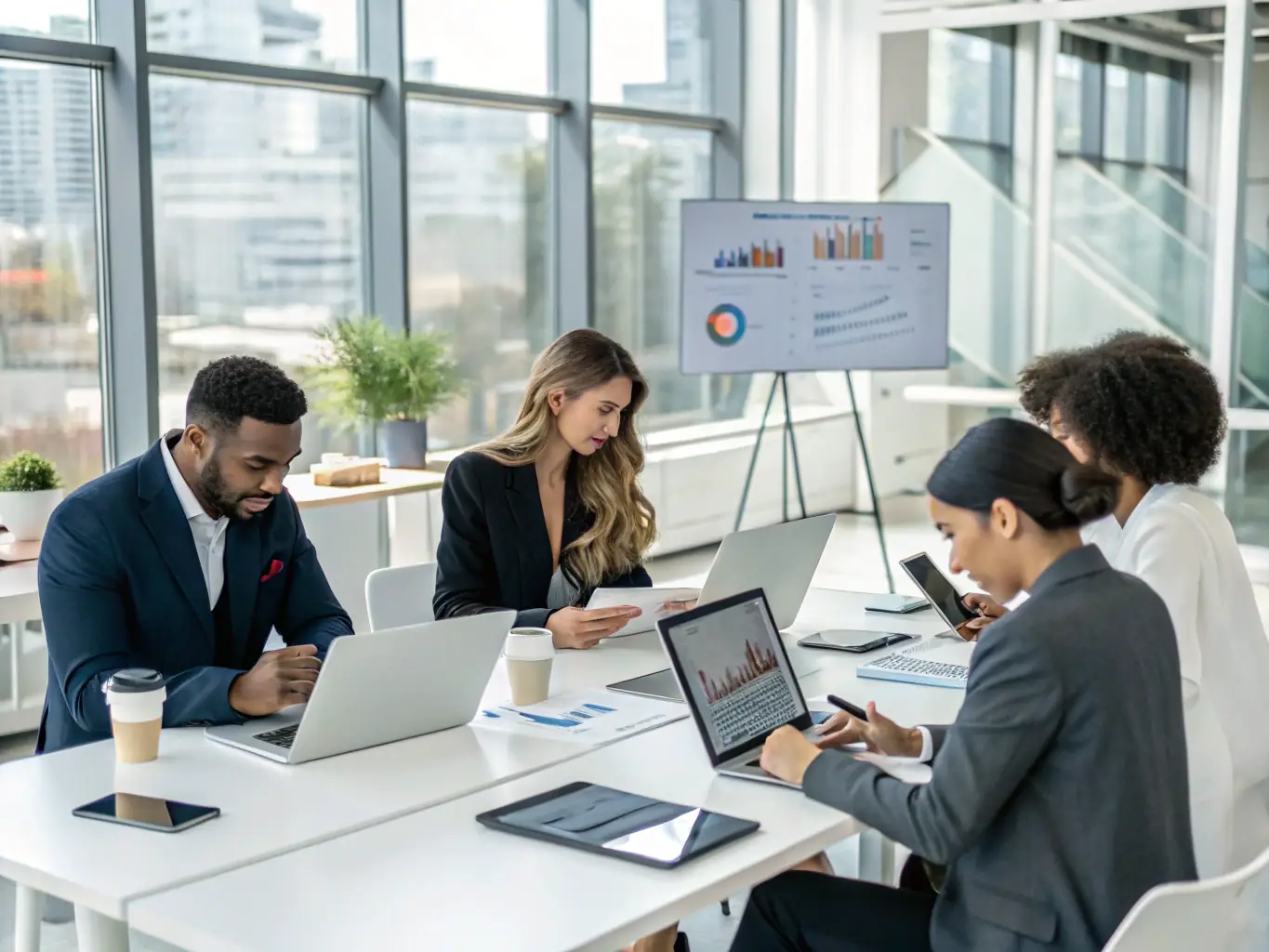 A diverse team of UK business professionals collaborating in a modern office, symbolizing VanguardBrit's focus on team development and leadership.