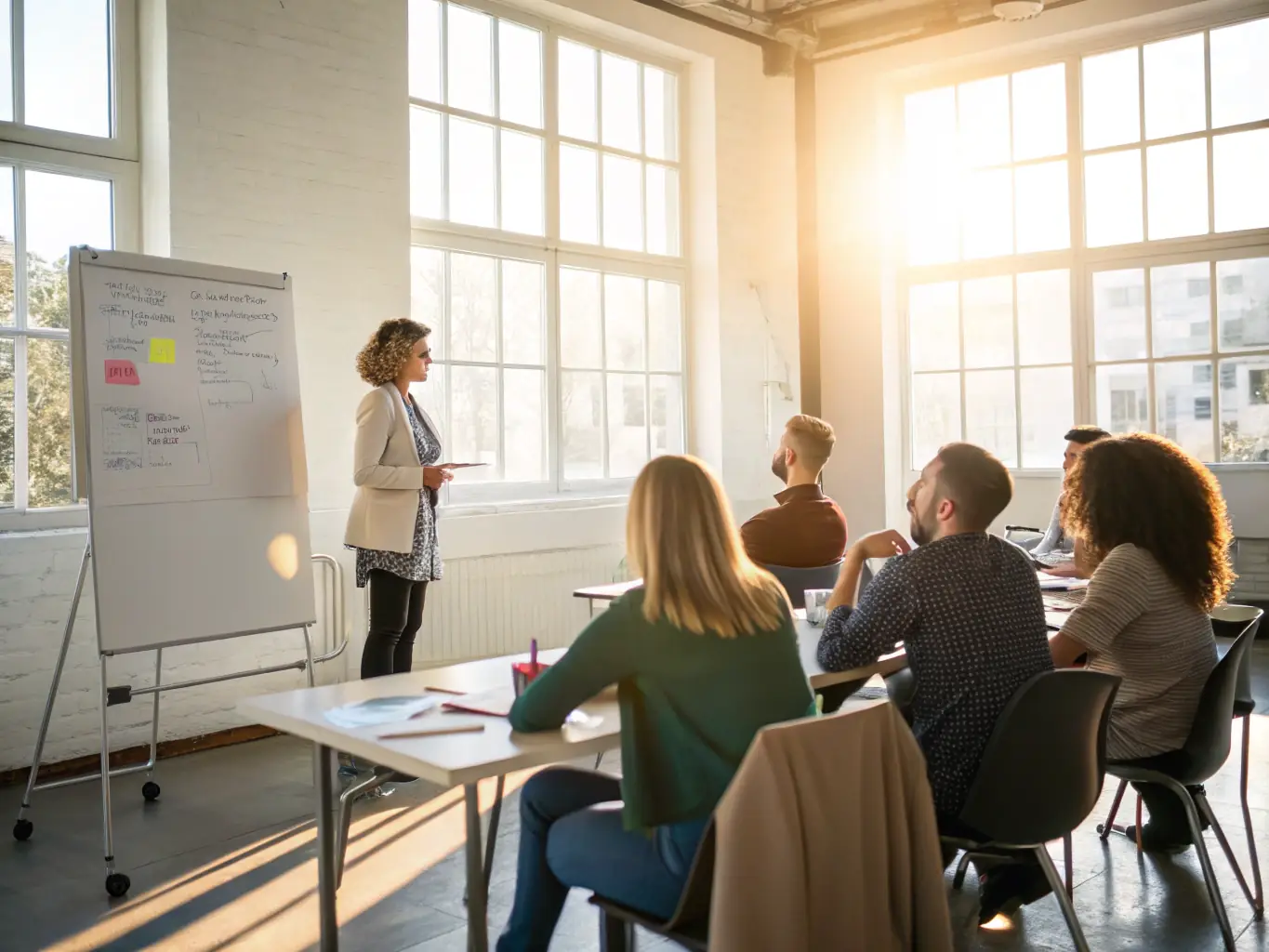 A coach conducting a leadership workshop with UK business executives, focusing on team building and strategic decision-making.