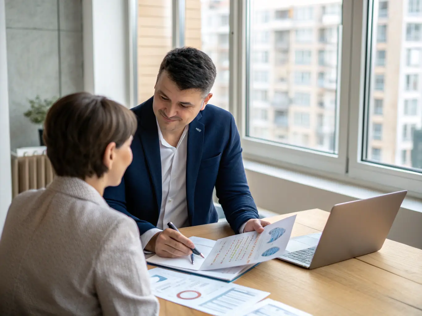 An image of a professional coach working with a UK business team in a modern office setting, discussing business growth strategies and market opportunities.