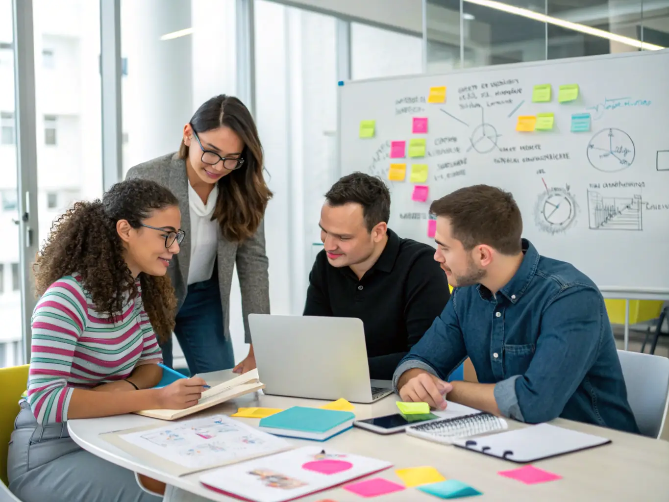 A business coach facilitating an interactive strategy session with a team, brainstorming innovative solutions on a whiteboard.