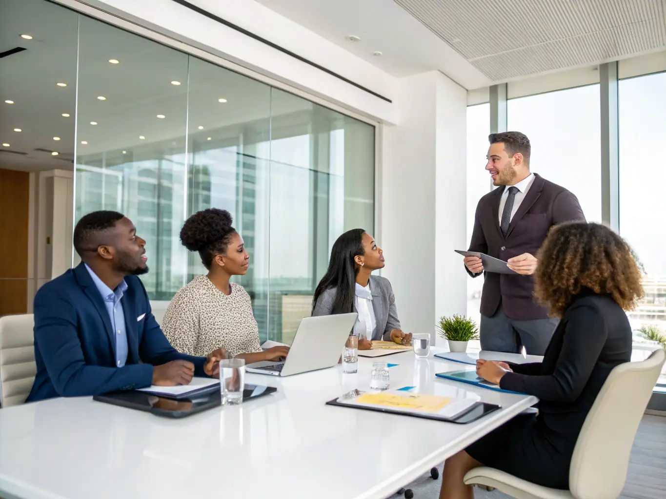 A diverse group of professionals participating in a leadership development workshop, engaging in team-building activities and discussions.